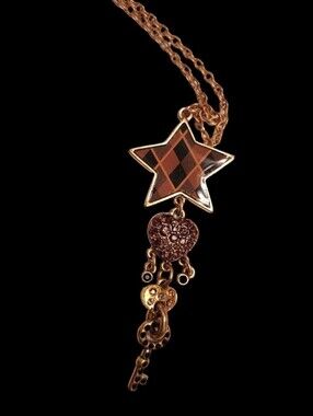 🌟Gold-Tone Star & Heart Key Pendant Necklace - Antique Gold